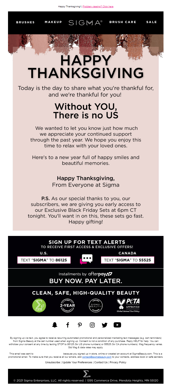 Sigma Beauty 훈훈한 추수감사절 이메일 예시 thanksgiving email examples