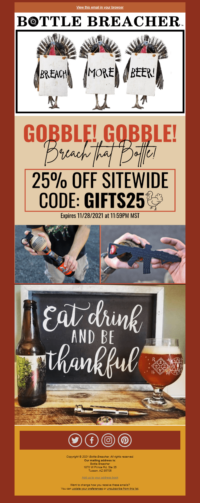Bottle Breacher 추수감사절 이메일 캠페인 예시 bottle breacher thanksgiving email campaign example