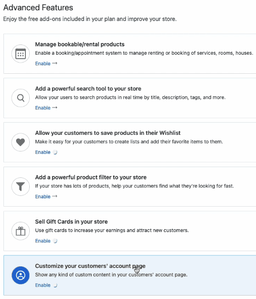 Kullanılabilir gelişmiş özelliklerin ekran görüntüsü