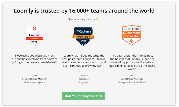 przykład strony docelowej z sygnałami zaufania firmy loomly