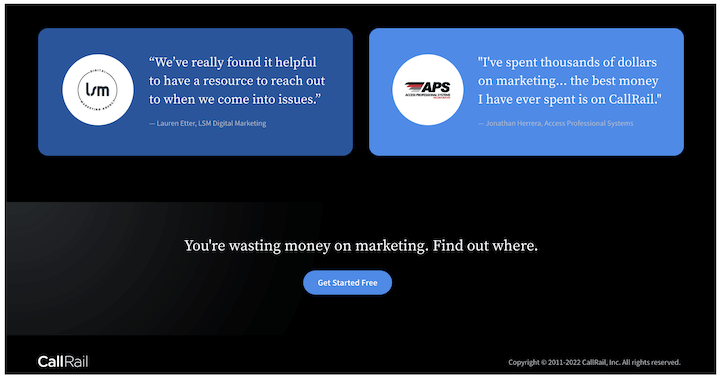 przykład referencji na stronie docelowej przez callrail