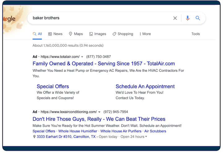 Google 광고의 예 - 경쟁 광고의 예