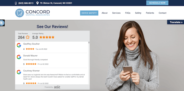 최고의 치과의사 웹사이트 사례 - concord Dental Associates' 홈페이지