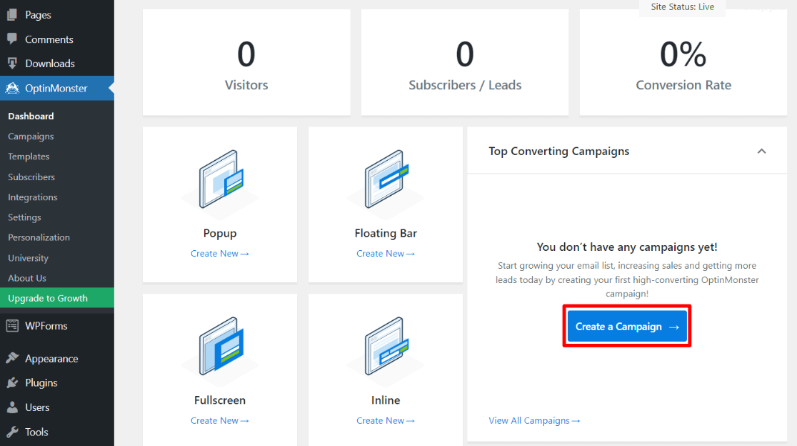 OptinMonster قم بإنشاء حملة