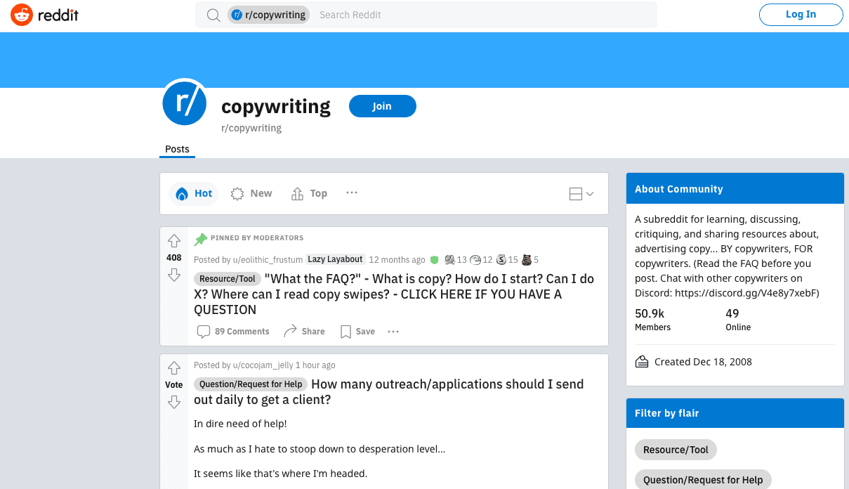 Screenshot der Homepage für den Subreddit r/copywriting
