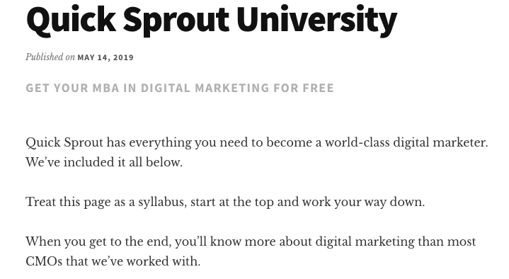 QuickSprout University per il marketing su Internet