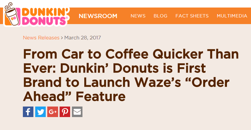 从汽车到咖啡比以往更快：Dunkin' Donuts 是第一个推出 Waze“提前订购”功能的品牌