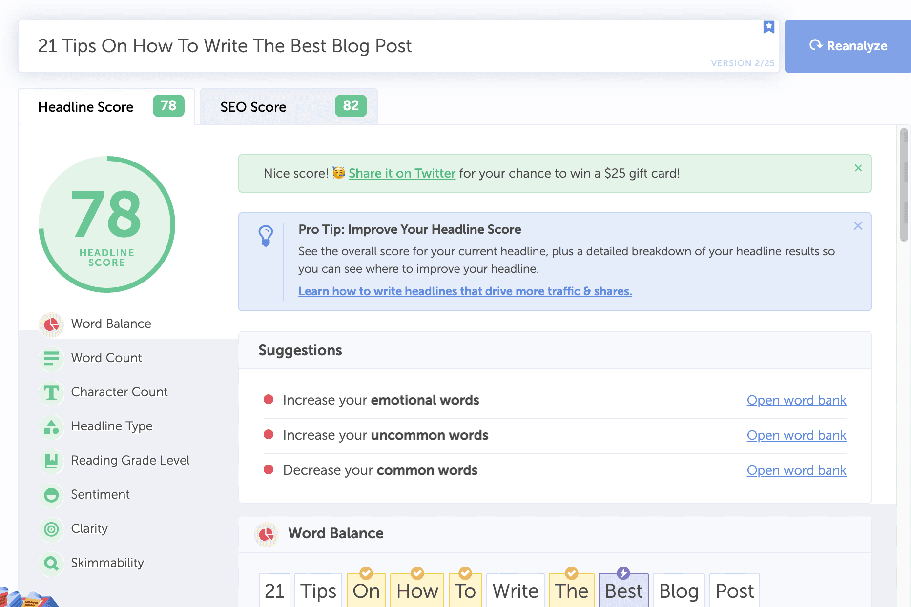 Contoh skor headline di Headline Studio
