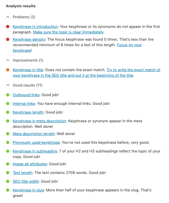 Ergebnisse der WordPress-SEO-Analyse
