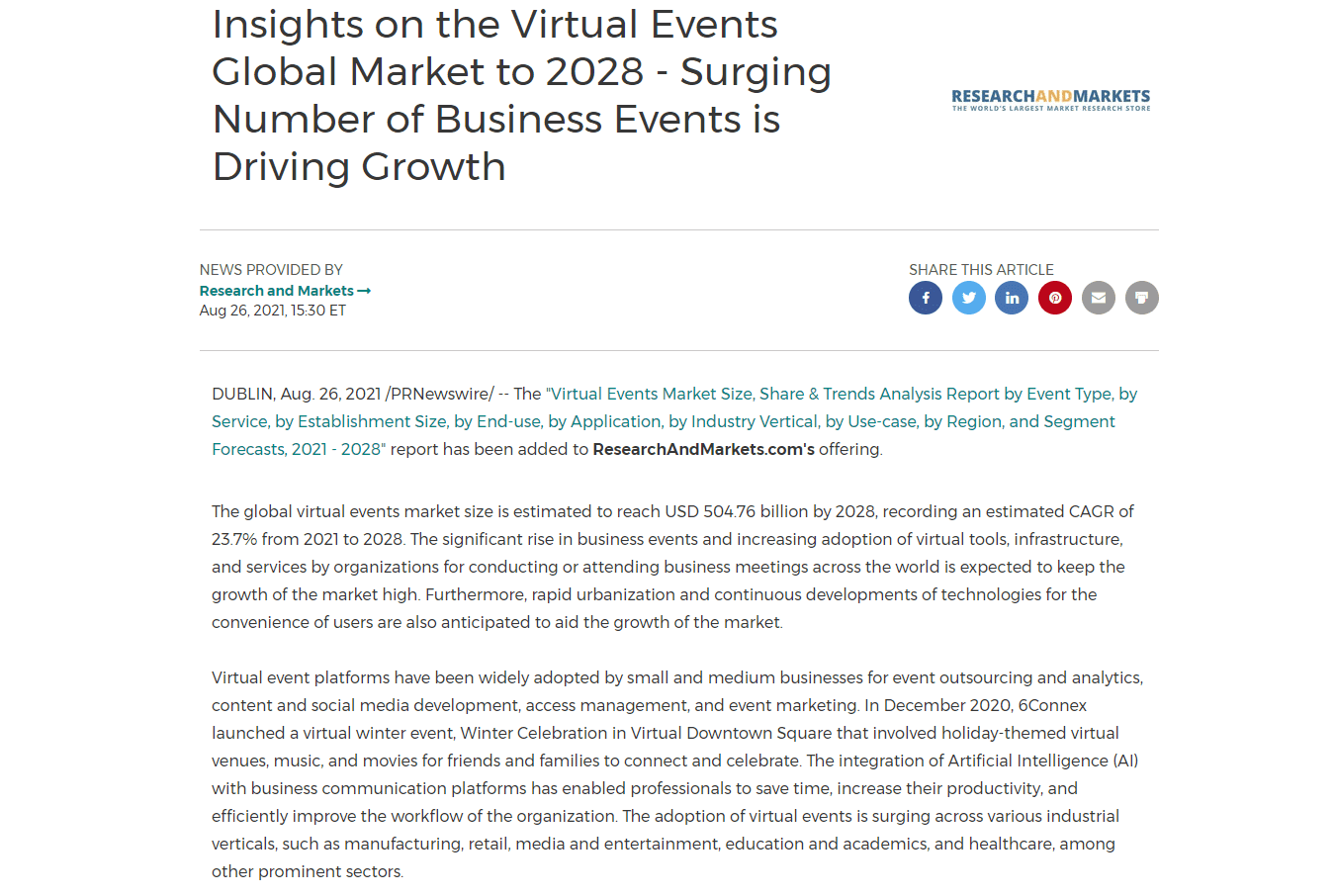 リサーチ＆マーケッツのプレスリリース