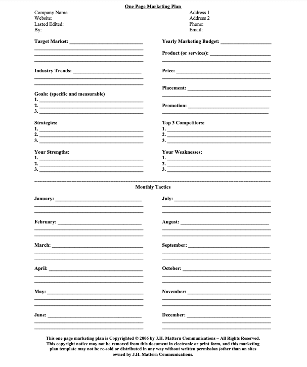 1 ページのマーケティング プランの例