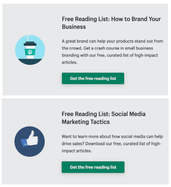 Пример различных призывов к действию для различных инструментов, предлагаемых Shopify