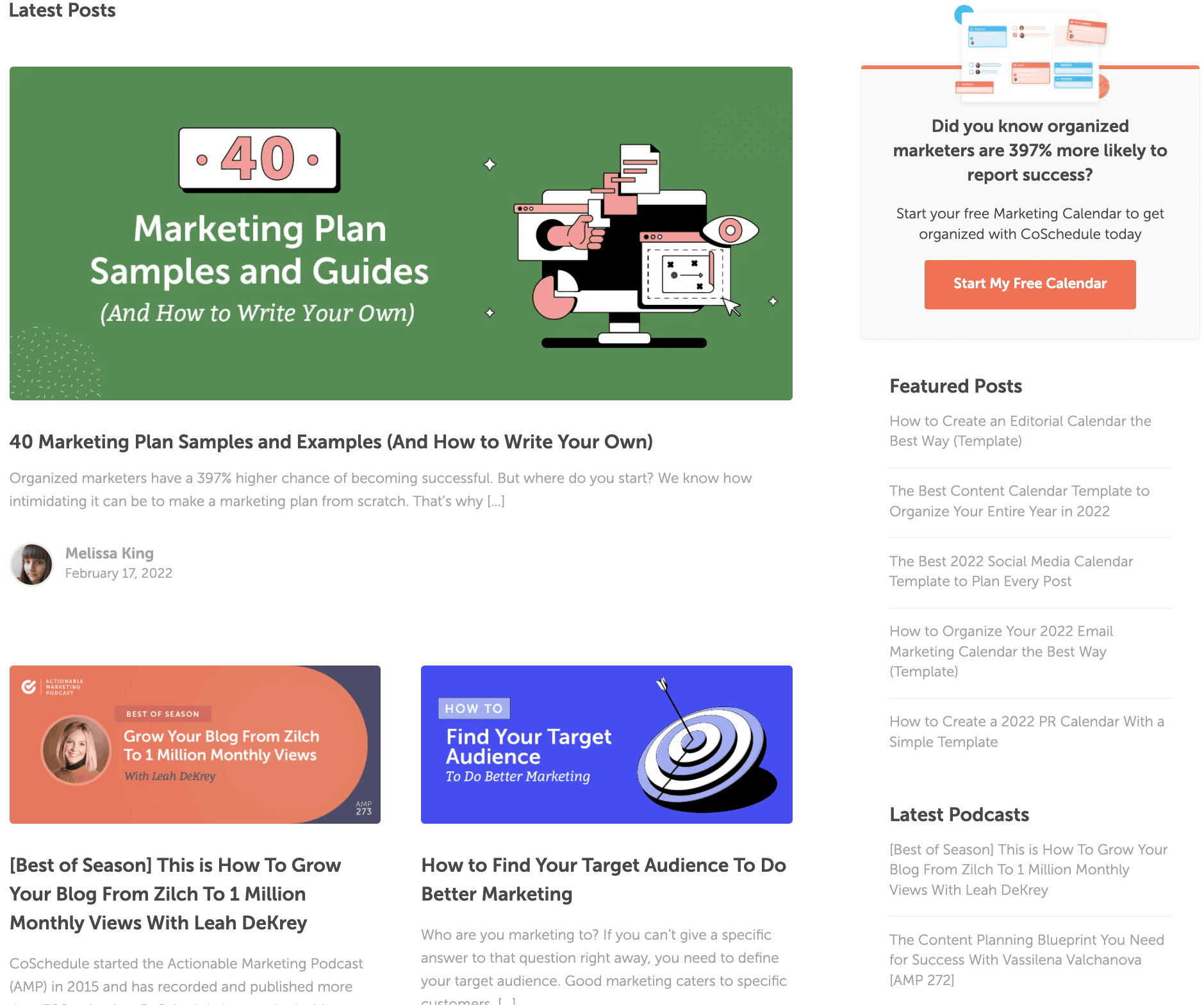 Trafik çekmemize, marka uzmanlığı oluşturmamıza, müşteri adayları oluşturmamıza ve etkileşimi artırmamıza yardımcı olan blog örnekleri koleksiyonunun ekran görüntüsü.