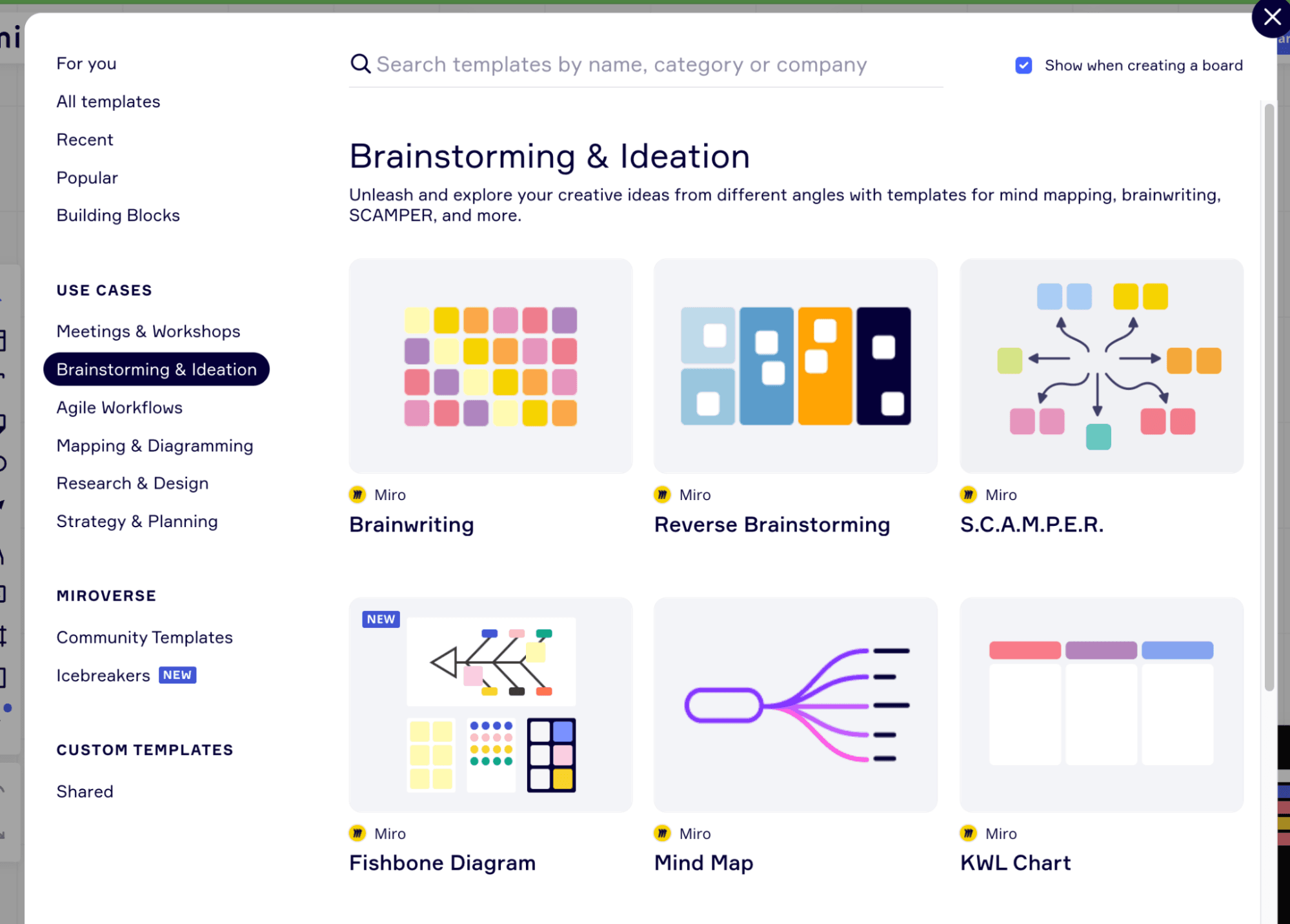 Miro Web サイトのスクリーンショット、最初に顧客に推奨されるテンプレート。