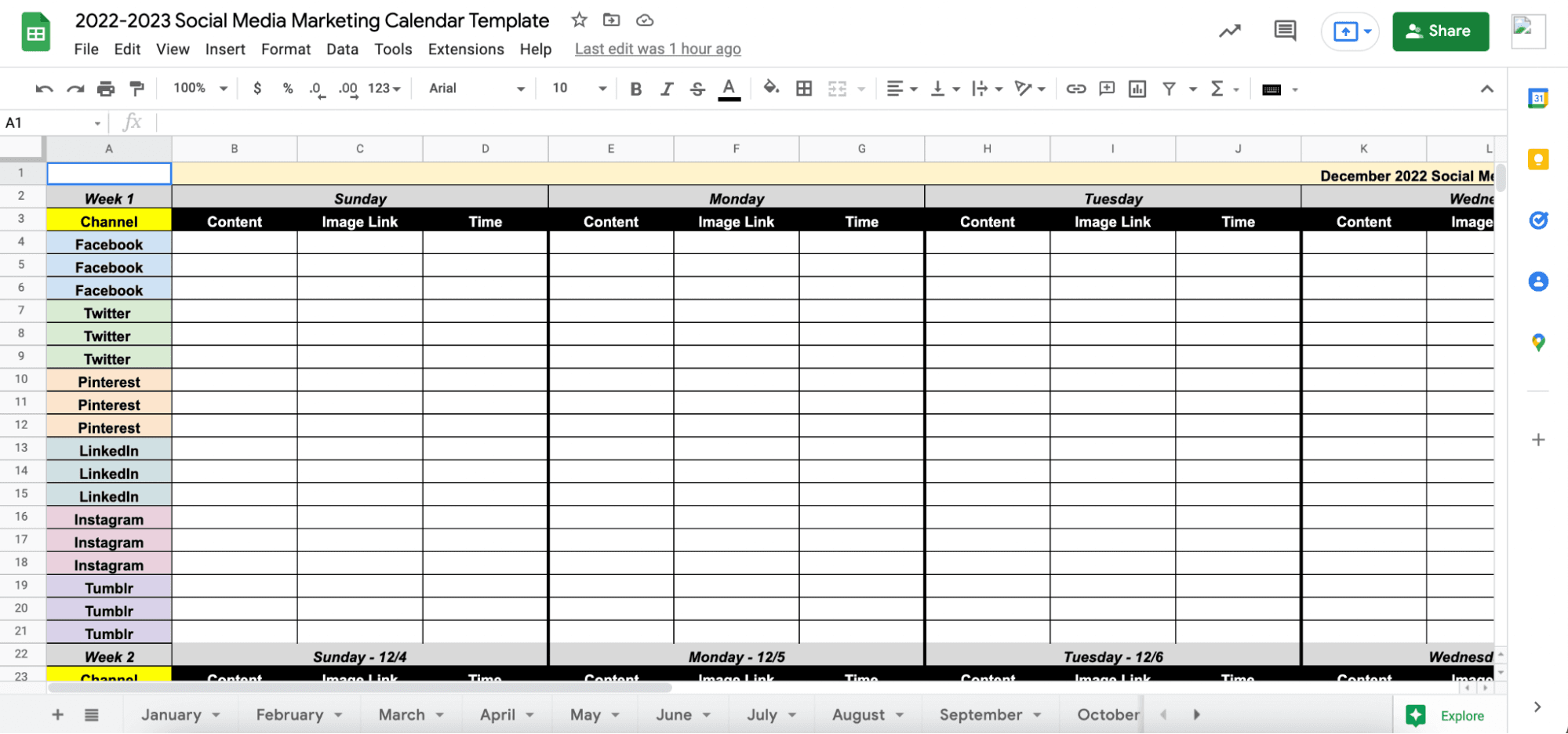 Przykład szablonu kalendarza marketingu mediów społecznościowych CoSchedule