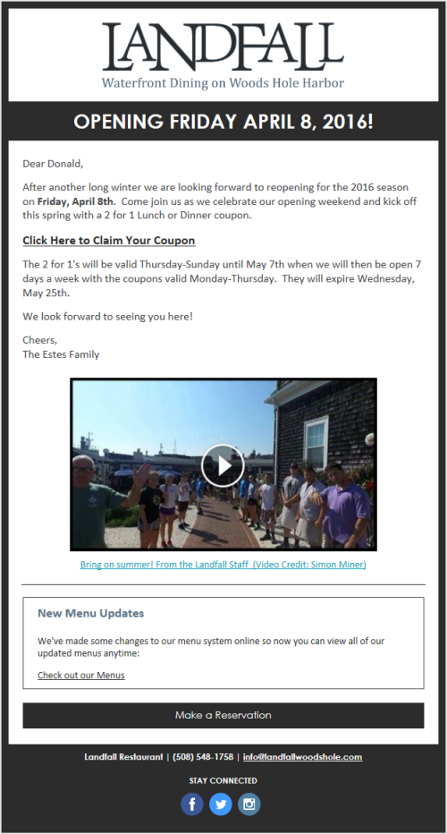 Correo electrónico del día de apertura del restaurante Landfall 1