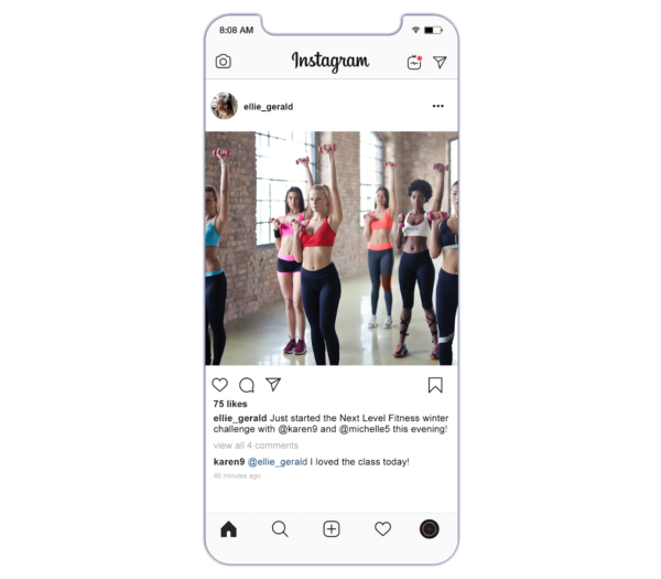 フィットネス instagram を開始するときに、クラスの写真を追加し、参加者にタグを付けます