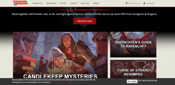 La página de inicio de un juego de mesa, como esta página de D&D, debe entusiasmar a los visitantes y atraerlos para que prueben el juego.