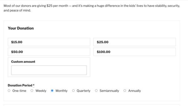 Ninos del Sol Peru の寄付フォームが毎月の寄付に設定されました