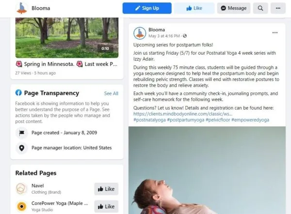 Come aumentare la frequenza alle lezioni di yoga: sviluppare e indirizzare il tuo marchio come fa Blooma con la sua pagina Facebook