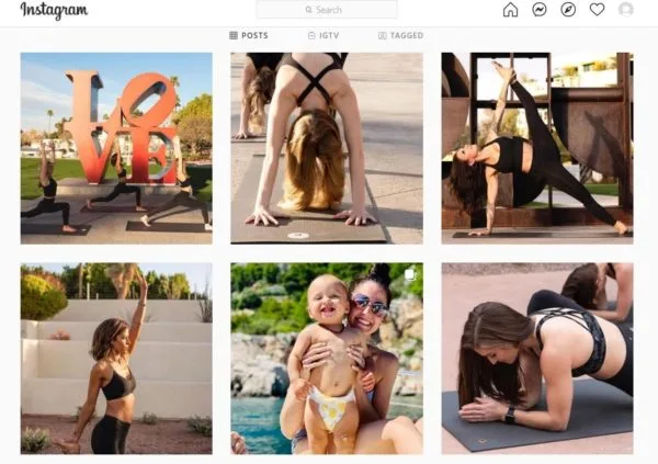 Come aumentare la frequenza alle lezioni di yoga: usa Instagram per coinvolgere i follower e attirare gli studenti, come la pagina di BloomaYoga piena di immagini di pose yoga, studenti e bambini