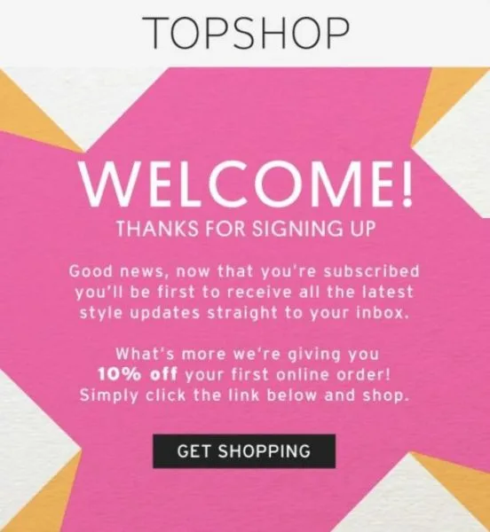 E-mail de bun venit Topshop care îi informează pe oameni la ce să se aștepte și oferă cititorilor o reducere de 10%.