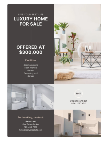 brosur dengan nama, nomor telepon, dan alamat email di atasnya