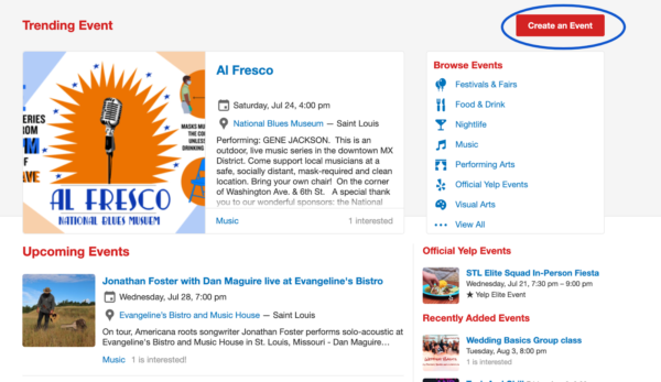capture d'écran de la création d'un événement sur Yelp