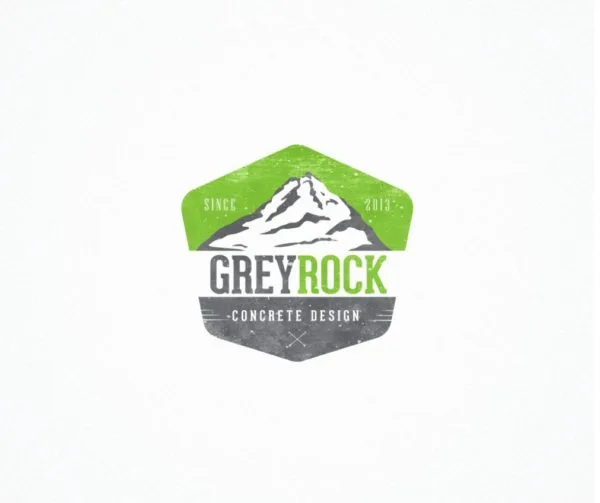 Obraz góry lub dużej skały w kolorze szarym z nazwą firmy, dolna połowa w kolorze szarym i „panorama” w kolorze zielonym