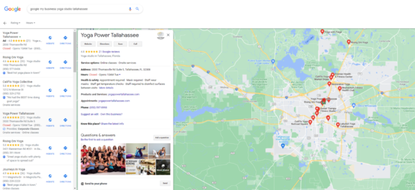 Yoga Power Tallahassee の完全な Google マイ ビジネス リスティングを示す Google 検索結果