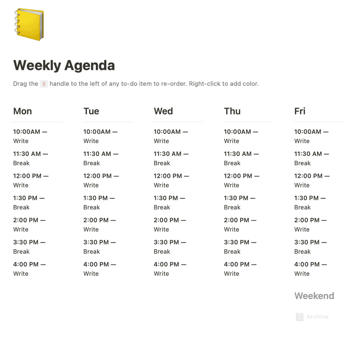Exemplu de program săptămânal pe blog