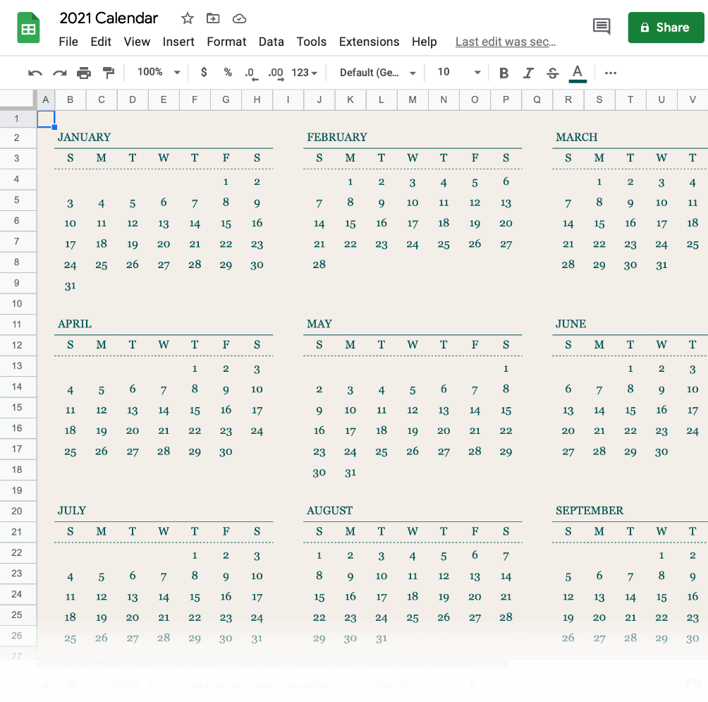 Șablon de calendar Google Sheets