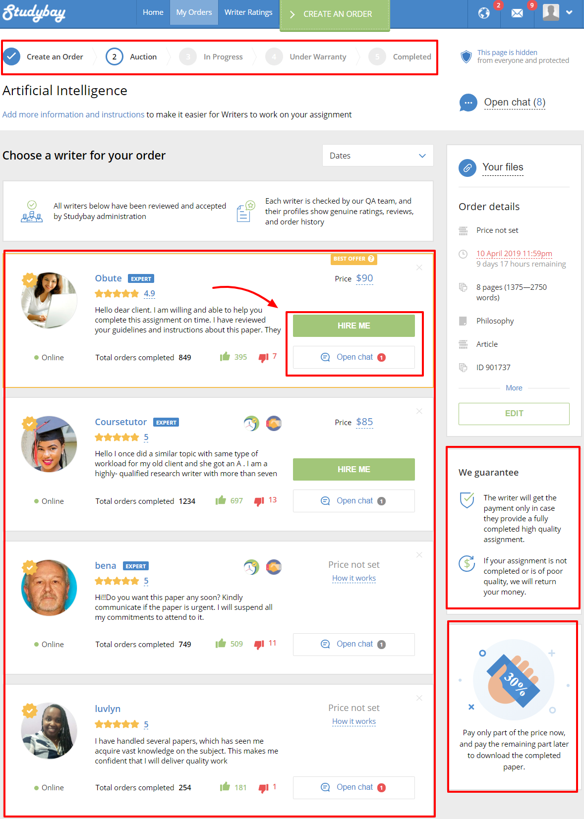 StudyBay Review- Placing An Order