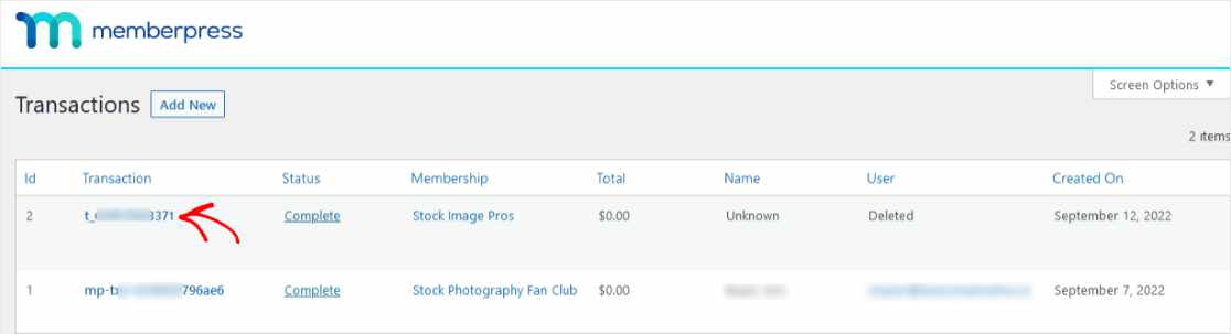 Lista transakcji MemberPress WordPress