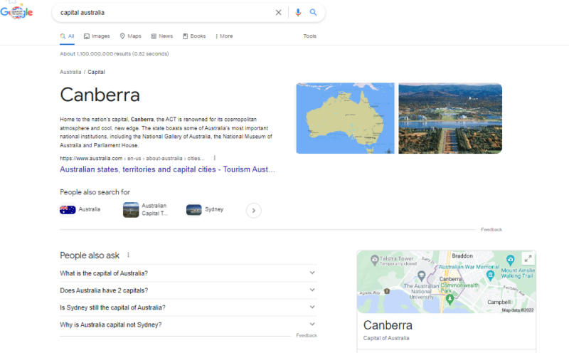 "Canberra" sebagai entitas yang terkait dengan "Australia" di Google Penelusuran.