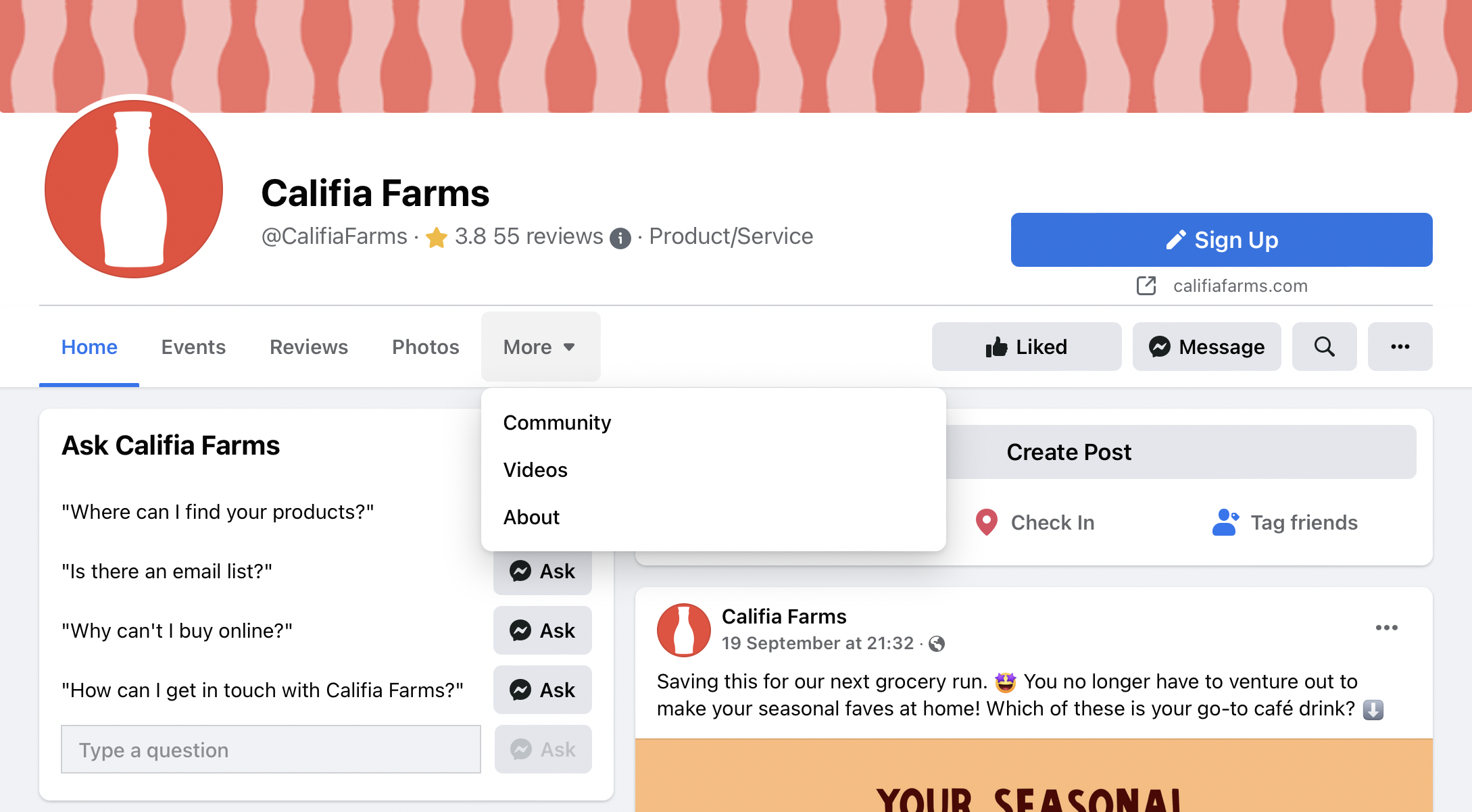 閲覧可能なすべてのセクションを表示する Califia Farms の Facebook ページ