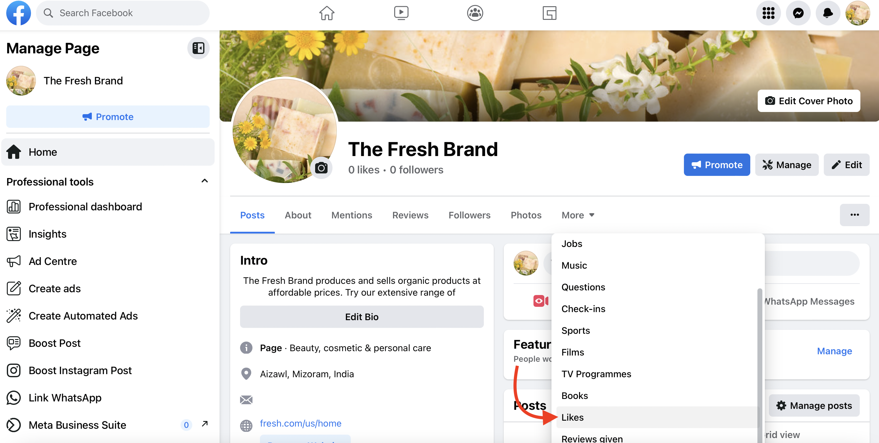 「いいね」ボタンを指す矢印が付いた Facebook ページの「その他」ドロップダウン メニュー