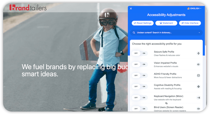 Designbeispiele und Tipps für B2B-Websites - Einstellungen für die Barrierefreiheit von Bandtailer