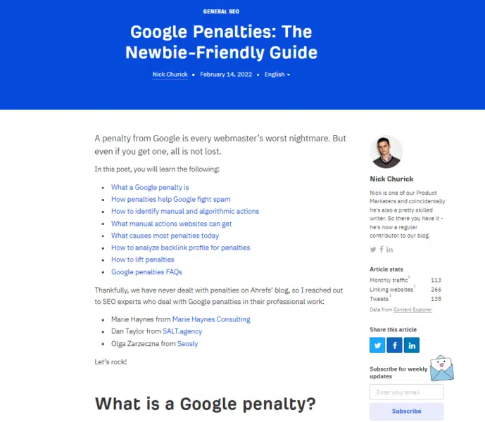 Google 처벌에 대한 Ahrefs 기사