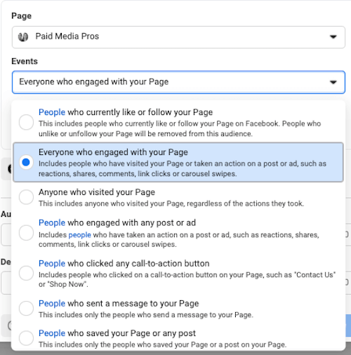 Facebook-Werbeoptimierungen – Retargeting-Optionen für Seiteninteraktion