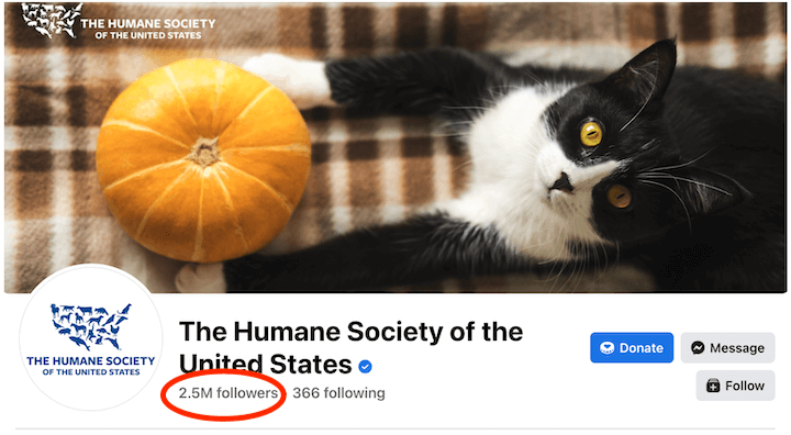 So optimieren Sie Facebook-Anzeigen - Die Facebook-Seite der Humane Society mit Follower-Zählung