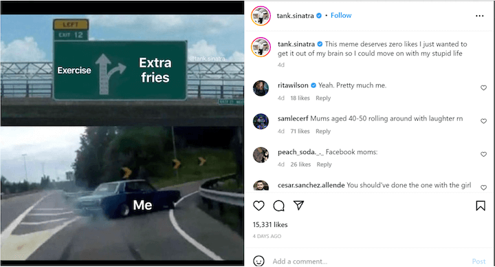 come aumentare il coinvolgimento su instagram - esempio di post con meme riconoscibile