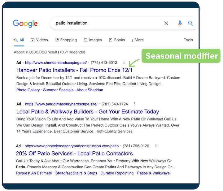 เคล็ดลับการคัดลอกโฆษณา ppc - ตัวอย่างโฆษณา Google ที่มีตัวแก้ไขตามฤดูกาล