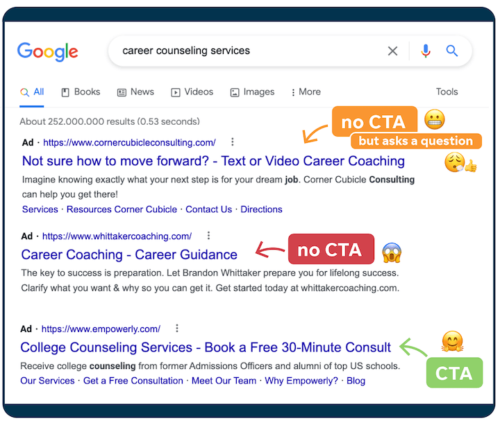 เคล็ดลับการคัดลอกโฆษณา ppc - ตัวอย่างโฆษณา Google ที่มีและไม่มี CTA