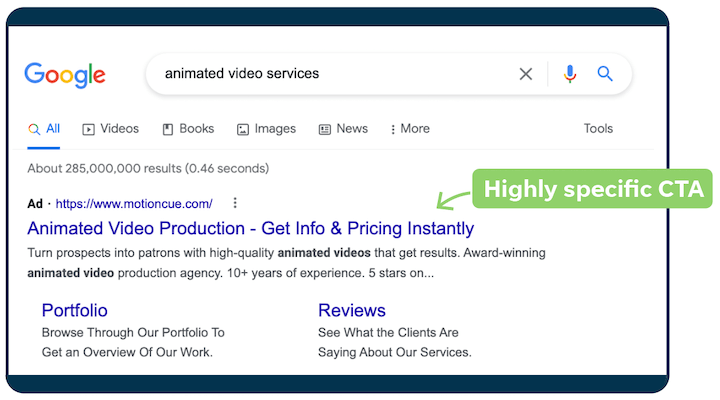 เคล็ดลับการคัดลอกโฆษณา ppc - ตัวอย่างโฆษณา Google ที่มี CTA . เฉพาะ