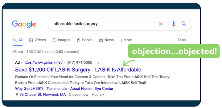 เคล็ดลับการคัดลอกโฆษณา ppc - ตัวอย่างโฆษณา Google ที่มีการโต้แย้ง
