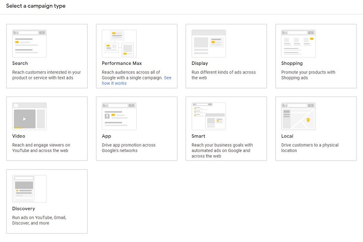 谷歌广告类型 - 在平台内创建广告系列时的谷歌广告广告系列类型示例