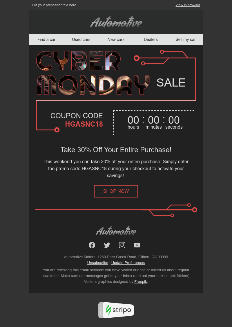 Stripo 的單焦點網絡星期一電子郵件模板 Single-Focus Cyber Monday Email Template by stripo