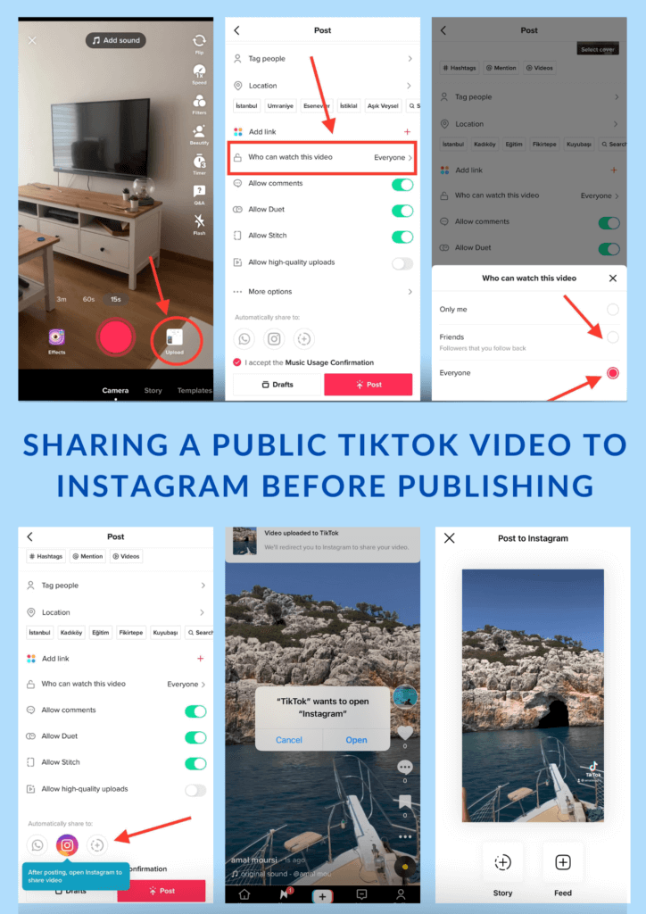 Compartir un video público de TikTok en Instagram antes de publicarlo