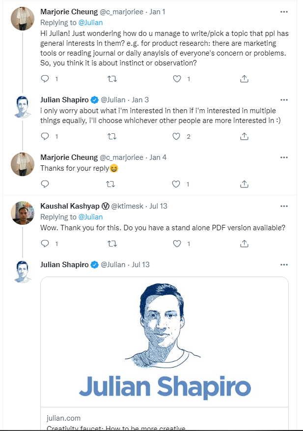 Captura de pantalla de las publicaciones y conversaciones de Twitter de Julian Shapiro
